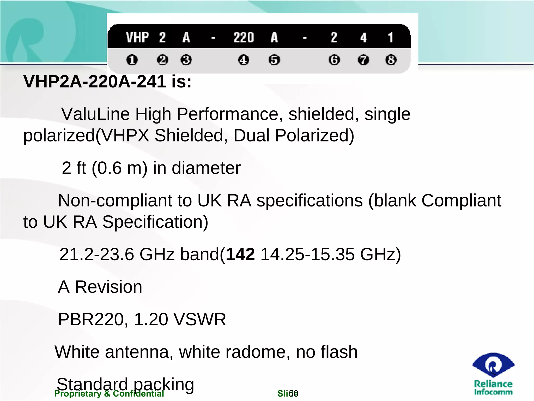 Proprietary & Confidential Slide50
VHP2A-220A-241 is:
ValuLine High Performance, shielded, single
polarized(VHPX Shielded, Dual Polarized)
2 ft (0.6 m) in diameter
Non-compliant to UK RA specifications (blank Compliant
to UK RA Specification)
21.2-23.6 GHz band(142 14.25-15.35 GHz)
A Revision
PBR220, 1.20 VSWR
White antenna, white radome, no flash
Standard packing
 