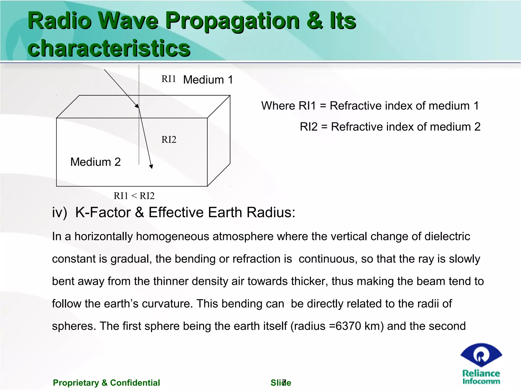 Proprietary & Confidential Slide7
iv) K-Factor & Effective Earth Radius:
In a horizontally homogeneous atmosphere where the vertical change of dielectric
constant is gradual, the bending or refraction is continuous, so that the ray is slowly
bent away from the thinner density air towards thicker, thus making the beam tend to
follow the earth’s curvature. This bending can be directly related to the radii of
spheres. The first sphere being the earth itself (radius =6370 km) and the second
Radio Wave Propagation & ItsRadio Wave Propagation & Its
characteristicscharacteristics
RI1
RI2
RI1 < RI2
Where RI1 = Refractive index of medium 1
RI2 = Refractive index of medium 2
Medium 2
Medium 1
 