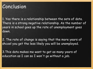 Conclusion 1. Yes there is a relationship between the sets of data. There is a strong negative relationship. As the number of years in school goes up the rate of unemployment goes down.   2. The rate of change is saying that the more years of shcool you get the less likely you will be unemployed.   3.This data makes me want to get as many years of education as I can so I won't go without a job. 