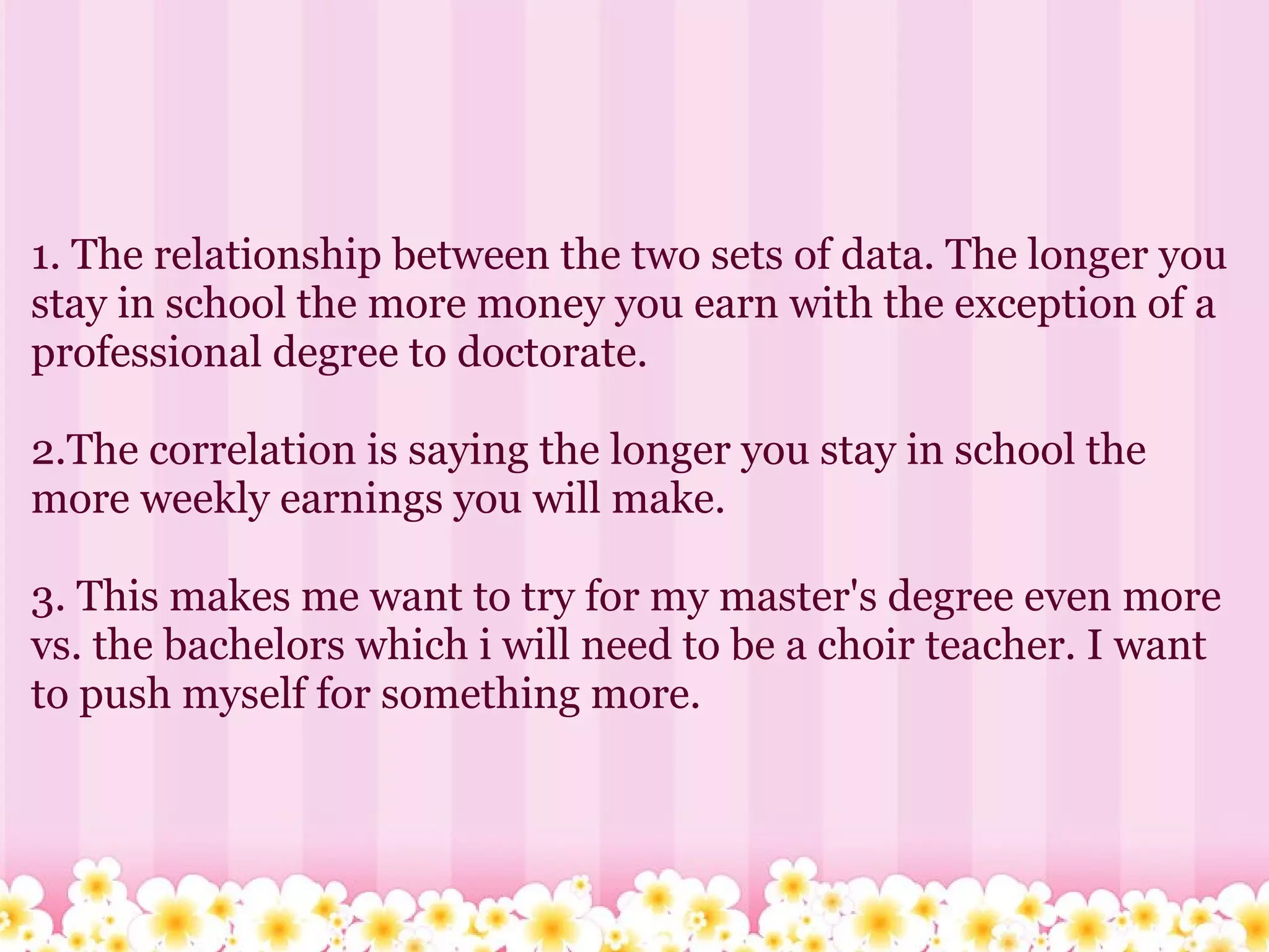   1. The relationship between the two sets of data. The longer you stay in school the more money you earn with the exception of a professional degree to doctorate.  2.The correlation is saying the longer you stay in school the more weekly earnings you will make.  3. This makes me want to try for my master's degree even more vs. the bachelors which i will need to be a choir teacher. I want to push myself for something more.  