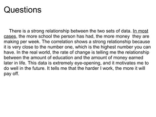 Questions      There is a strong relationship between the two sets of data.  In most cases , the more school the person has had, the more money  they are making per week. The correlation shows a strong relationship because it is very close to the number one, which is the highest number you can have. In the real world, the rate of change is telling me the relationship between the amount of education and the amount of money earned later in life. This data is extremely eye-opening, and it motivates me to do well in the future. It tells me that the harder I work, the more it will pay off.  