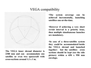 VEGA compatibility 
•The system coverage can be 
achieved incrementally, launching 
satellites one-at-the-time. 
•However if achieving a very short 
revisit interval is a priority issue, 
then multiple simultaneous launches 
are mandatory. 
•In case of a three-satellite system 
they could be accommodated inside 
the VEGA shroud and launched 
together: but the satellites cross 
sections should be kept (see the side 
picture) within a 650 x 950 mm 
envelope. 
The VEGA inner shroud diameter is 
2380 mm and can accommodate one 
satellite or even two spacecraft with 
cross-sections around 1.1 x 1 m. 
