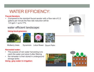 water efficient landscape:
Faucet Aerators
• Compared to the standard faucet aerator with a flow rate of 2.2
gallons per minute the flow rate reduction will be
0.5 gpm = up to 77%
Harvested water:
• The purpose of rain water harvesting is to
catch the water and store It after filtering
• the rainwater is then stored in underground
storage tanks
Using grey water in irrigation:
Using local greenery:
Mulberry trees Lotus flowerSycamore Doum Palm
WATER EFFICIENCY:
 