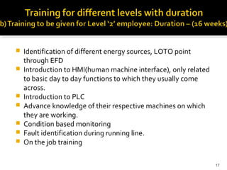  Identification of different energy sources, LOTO point
through EFD
 Introduction to HMI(human machine interface), only related
to basic day to day functions to which they usually come
across.
 Introduction to PLC
 Advance knowledge of their respective machines on which
they are working.
 Condition based monitoring
 Fault identification during running line.
 On the job training
17
 