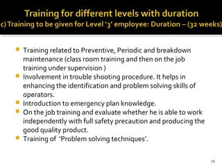  Training related to Preventive, Periodic and breakdown
maintenance (class room training and then on the job
training under supervision )
 Involvement in trouble shooting procedure. It helps in
enhancing the identification and problem solving skills of
operators.
 Introduction to emergency plan knowledge.
 On the job training and evaluate whether he is able to work
independently with full safety precaution and producing the
good quality product.
 Training of ‘Problem solving techniques’.
18
 