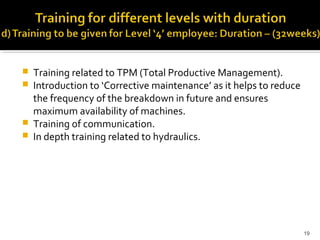  Training related to TPM (Total Productive Management).
 Introduction to ‘Corrective maintenance’ as it helps to reduce
the frequency of the breakdown in future and ensures
maximum availability of machines.
 Training of communication.
 In depth training related to hydraulics.
19
 