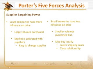 Supplier Bargaining Power
• Large companies have more
influence on price
• Large volumes purchased
• Market is saturated with
suppliers
• Easy to change supplier
• Small breweries have less
influence on price
• Smaller volumes
purchased but,
• May buy locally
• Lower shipping costs
• Close relationship
 