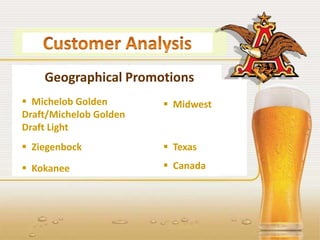 Geographical Promotions
 Michelob Golden
Draft/Michelob Golden
Draft Light
 Midwest
 Ziegenbock
 Kokanee
 Texas
 Canada
 