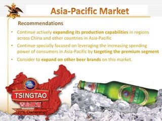 • Continue actively expanding its production capabilities in regions
across China and other countries in Asia-Pacific
Recommendations
• Continue specially focused on leveraging the increasing spending
power of consumers in Asia-Pacific by targeting the premium segment
• Consider to expand on other beer brands on this market.
 