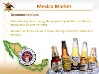 • Take advantage from the significant growth potential that Modelo
brands have all over the world
• Introduce AB InBev brands in Mexico through Modelo’s distribution
network
Recommendations
 