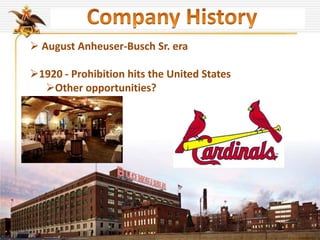  August Anheuser-Busch Sr. era
1920 - Prohibition hits the United States
Other opportunities?
 