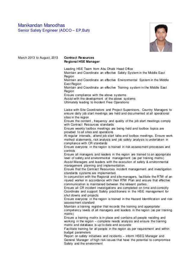 manikandan manodhas cv regional hse manager resume