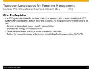 © 2012 SAP AG. All rights reserved. 27
Transport Landscapes for Template Management
General Pre-Requisites for having a common DEV (2/2)
Other Pre-Requisites
 If a DEV system is shared for multiple production systems (with or without additional DEV
systems for localizations), certain other pre-requisites for the production systems have to be
met:
– Common landscape track usages – retrofit / track switching
– Single release strategy and release calendar
– Global solution manager for change request management by ChaRM
– Strategy for transport landscape and processes for related applications/systems (e.g. SAP APO)
 