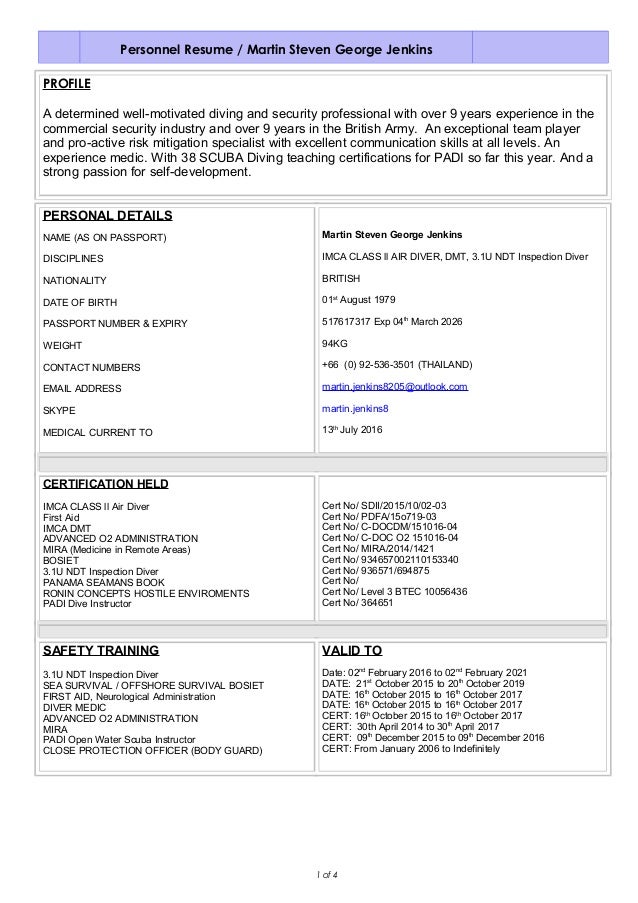 Dive instructor resume