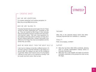 why we are advertising
who we are talking to
what we know about
takeaway
support
tonality
Mary Kay is the personal beauty brand that takes
Everyday Aspirationals from hesitation to realization.
Everyday Aspirationals are women ages 18 to 25. These
women are active, passionate and constantly on the
go. They are inspired by little things in their everyday
lives and are always striving to achieve both their short-
and long-term goals. They even have aspirations for
the makeup looks they want to achieve, but they don’t
let their makeup define them. Instead, they prefer to be
defined by the things they have accomplished and the
stories they can share.
To increase awareness and positive perception of
Mary Kay among Millennial women.
I don’t put on makeup to look like a different person. It’s
me that is going to nail that interview or get asked on a
second date, but makeup can give me the confidence
to get there. When I don’t have to worry if my foundation
matches my skin tone or if my mascara is running, I can
be myself, and that’s when I feel my best.
•	 Mary Kay has three million IBCs worldwide, allowing
them to provide individualized makeup advice to
Everyday Aspirationals.
•	 Mary Kay has a vast breadth and depth of products
that allow customers to find products for them at any
life stage.
Fresh, encouraging, confident
//L0G0S
//L0G0S
them that might help us
9
Creative Brief
//L0G0S
Strategy
//L0G0S
 