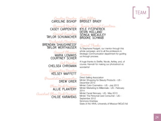 team
24
Creative Director
Caroline Bishop
Research Director
Casey Carpenter
Account Executive
Taylor Schumacher
Touchpoints Directors
Brendan Shaughnessy
Taylor Werthauser
Account Planners
Maria Lemakis
Courtney Schier
Art Director
Chelsea Chrisman
Copywriting Director
Kelsey Maffett
Presentation Copywriter
Drew Grier
Plans Book Designer
Allie Plantery
Assistant Plans Book Designer
Chloe Karavidas
Copy Editor
Bridget Brady
Junior Account Executives
Kyle Fitzpatrick
Devin Holland
Seinga Macauley
Brooke Schwab
Special Thanks:
To Stephanie Padgett, our mentor through this
whole campaign, and to all the professors in
Strategic Communication department for guiding
us through process.
A huge thanks to Steffie, Nicole, Ashley, and, of
course, Hannah for making our photoshoot so
wonderful!
Sources:
Direct Selling Association
Mintel: Shopping for Beauty Products - US -
December 2013
Mintel: Color Cosmetics - US - July 2013
Mintel: Marketing to Millennials - US - February
2014
Mintel: Facial Skincare - US - May 2013
Mintel: The Personal Care Consumer - US -
September 2012
Simmons OneView
State of the YAYA, University of Missouri MOJO Ad
 