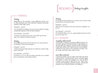 Insights
everyday enhancement
I don’t put on makeup to look like a different person. It’s
me that is going to nail that interview or get asked on a
second date, but makeup can give me the confidence
to get there. When I don’t have to worry if my foundation
matches my skin tone or if my mascara is running, I can
be myself, and that’s when I feel my best.
more than material
I want the brands I buy to mean more than just some
material thing. A brand should have a purpose bigger
than itself or a story that inspires me. I can tell when
a brand is just trying to sell stuff to me. That’s why I
connect with interesting, authentic brands—brands with
products I can trust and stories I can believe in.
Depending on the occasion, young Millennial women turn
to other products and more extensive makeup techniques
outside of their daily routine.
primary quote
secondary support
“I’m not reliant on makeup, but I put more on when I’m going
somewhere special or with someone special.”
37 percent of female Internet users 18 and older say that they
wear more makeup for special occasions.
Findings/insights
//L0G0S//L0G0S
Research
Findings
5
Finding
Young Millennial women think the best way to try new products is
by sampling or friend recommendation.
primary quote
“I started trying new things because I’m looking for a brand I really
want to stick with.”
secondary support
44 percent of 18- to 24-year-old makeup users like to try a sample
prior to purchasing a new makeup product.
Finding
Young women perceive Mary Kay to be their mom’s brand of make-
up and that it is not meant for them.
primary quote
“Mary Kay is for suburban moms who order from catalogues, not
for me.”
secondary support
Of the 600,000 IBCs in the U.S., approximately 92 percent of them
are over the age of 25.
Finding
 