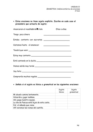 UNIDAD 12
                                       GRAMÁTICA: Análisis sintáctico de oraciones
                                                                           3º ESO




 Estas oraciones no tiene sujeto explícito. Escribe en cada caso el
  pronombre que actuaría de sujeto:

Anunciaron el resultado en la tele                 Ellos o ellas.

Tengo poco dinero                    ______________________

Estaba contento con sus notas. ______________________

Cantamos hasta el amanecer           ______________________

Tendrá que venir ____________________________________

Estoy muy contento __________________________________

Está cantando en la ducha _____________________________

Hemos salido muy tarde _______________________________

Soy feliz ____________________________________________

Compraréis muchos regalos ____________________________



 Señala si el sujeto es léxico o gramatical en las siguientes oraciones:

                                                      Sujeto          Sujeto
                                                      léxico        gramatical
Mi abuelo camina lentamente.
Volverán a jugar mañana.
Así juega nuestro equipo.
La isla de Pascua está lejos de esta costa.
Iré el sábado que viene
Allí veremos las ruinas del castillo.




                                                                              Nú
                                                                              me
 