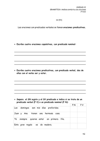 UNIDAD 12
                                      GRAMÁTICA: Análisis sintáctico de oraciones
                                                                          3º ESO




                                             SV (PV)



     Las oraciones con predicados verbales se llaman oraciones predicativas.




 Escribe cuatro oraciones copulativas, con predicado nominal:




 Escribe cuatro oraciones predicativas, con predicado verbal, dos de
  ellas con el verbo ser y estar.




 Separa el SN sujeto y el SV predicado e indica si se trata de un
  predicado verbal (P V) o un predicado nominal (P N):
                                                        PN      PV
Los  domingos    son mis días preferidos.

Juan y     Ana    tienen    una   hermosa   casa.

Tú    siempre    quieres estar     en primera       fila.

Este gran regalo       es   de madera.



                                                                             Nú
                                                                             me
 
