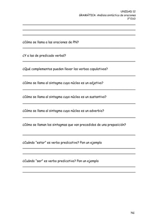 UNIDAD 12
                                     GRAMÁTICA: Análisis sintáctico de oraciones
                                                                         3º ESO




¿Cómo se llama a las oraciones de PN?
________________________________________________________

¿Y a las de predicado verbal?
________________________________________________________

¿Qué complementos pueden llevar los verbos copulativos?



¿Cómo se llama al sintagma cuyo núcleo es un adjetivo?



¿Cómo se llama al sintagma cuyo núcleo es un sustantivo?



¿Cómo se llama al sintagma cuyo núcleo es un adverbio?



¿Cómo se llaman los sintagmas que van precedidos de una preposición?

________________________________________________________

¿Cuándo “estar” es verbo predicativo? Pon un ejemplo
________________________________________________________



¿Cuándo “ser” es verbo predicativo? Pon un ejemplo
________________________________________________________




                                                                            Nú
                                                                            me
 