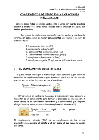 UNIDAD 12
                                          GRAMÁTICA: Análisis sintáctico de oraciones
                                                                              3º ESO

      COMPLEMENTOS DE VERBO EN LAS ORACIONES
                  PREDICATIVAS

  Como ya sabes todos los demás verbos, más el verbo ser cuando significa
ocurrir o existir y el verbo estar cuando indica situación de lugar, son
verbos predicativos.

        Los grupos de palabras que acompañan a estos verbos y nos dan más
información sobre ellos, se llaman complementos del verbo y los hay de
distintos tipos:

            1. Complemento directo. (CD)
            2. complemento indirecto. (CI)
            3. Complementos Circunstanciales. (CC)
            4. Complementos Preposicionales (C. prep.)
            5. Complemento Predicativo. (C.Pred)
            6. Complemento agente (C. Ag), que se utiliza en la voz pasiva.



1.- EL COMPLEMENTO DIRECTO (C.D.)

   Algunos verbos tienen por sí mismos significado completo y, por tanto, no
necesitan de ningún complemento para formar el predicado de una oración.
A estos verbos se les denomina verbos intransitivos:

        Ejemplo: El barco desapareció.

                              Verbo intran


     Otros verbos, en cambio, no tienen por sí mismos significado completo y
necesitan de un complemento para formar el predicado de una oración. A
estos verbos se les llama verbos transitivos y al complemento que completa
el significado de estos verbos se llama complemento directo (CD).

                 Ejemplo:     Juan         cogió          la      pelota

                 verbo tran          CD


El complemento      directo (C.D.) es un complemento de los verbos
predicativos que nombra al objeto o al ser sobre el que recae la acción
del verbo.


                                                                                 Nú
                                                                                 me
 