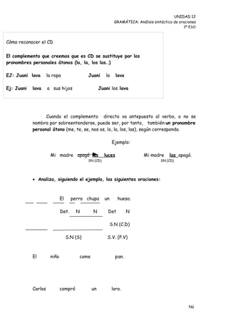 UNIDAD 12
                                                             GRAMÁTICA: Análisis sintáctico de oraciones
                                                                                                 3º ESO



Cómo reconocer el CD


El complemento que creemos que es CD se sustituye por los
pronombres personales átonos (lo, la, los las…)

EJ: Juani lava       la ropa                Juani      la     lava

Ej: Juani   lava     a sus hijos                    Juani los lava




                  Cuando el complemento directo va antepuesto al verbo, o no se
            nombra por sobreentenderse, puede ser, por tanto, también un pronombre
            personal átono (me, te, se, nos os, lo, la, los, las), según corresponda.

                                                            Ejemplo:

                      Mi madre apagó las              luces                 Mi madre      las apagó.
                                            SN (CD)                                  SN (CD)




             Analiza, siguiendo el ejemplo, las siguientes oraciones:



                             El     perro chupa       un       hueso.

                             Det.     N        N        Det          N

                                                           S.N (C.D)

                                  S.N (S)               S.V. (P.V)



            El        niño              come                  pan.




            Carlos           compró            un           loro.


                                                                                                    Nú
                                                                                                    me
 