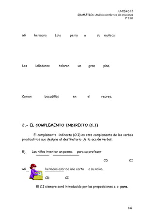UNIDAD 12
                                             GRAMÁTICA: Análisis sintáctico de oraciones
                                                                                 3º ESO




Mi       hermana       Lola            peina        a          su     muñeca.




Los       leñadores          talaron           un       gran          pino.




Comen           bocadillos              en              el          recreo.




2.- EL COMPLEMENTO INDIRECTO (C.I)

       El complemento indirecto (O.I) es otro complemento de los verbos
predicativos que designa al destinatario de la acción verbal.


Ej:     Los niños inventan un poema          para su profesor

                                                                      CD            CI

Mi              hermana escribe una carta               a su novio.

                CD               CI

          El C.I siempre será introducido por las preposiciones a o para.




                                                                                    Nú
                                                                                    me
 