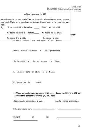 UNIDAD 12
                                                     GRAMÁTICA: Análisis sintáctico de oraciones
                                                                                         3º ESO

                         ¿Cómo reconocer el CI?

Otra forma de reconocer el CI es sustituyendo el complemento que creemos
que es el CI por los pronombres personales átonos (me, te, le, nos, os, se,
les).
Ej:    Juani escribió a los niños ____ Juani les escribió.

      Mi madre la envió a Manolo ____ Mi madre se la envió.
             Busca el CI en estas oraciones formulando la pregunta anterior:
      Mi madre dijo al niño  _________    Mi madre le dijo
            El doctor realizó   una operación  a mi    padre.




             María   ofreció las flores   a        sus    profesoras.




             Su hermana       le   dio un abrazo          a      Juan.




             El labrador echó el abono         a    la tierra.




             El perro    se   lo      comió.




              Añade en cada caso un objeto indirecto . Luego sustituye el OI por
               pronombre personales átonos (le, se, les).

             Adela mandó un mensaje a Luis.                      Ana le mandó un mensaje.



             Escribieron una carta __________________               ___________________



             Compré          el                     pan           ____________________
             ____________________


                                                                                            Nú
                                                                                            me
 