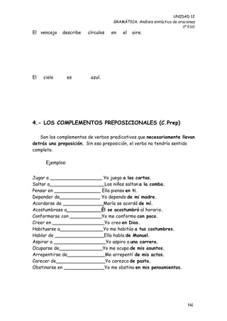 UNIDAD 12
                                    GRAMÁTICA: Análisis sintáctico de oraciones
                                                                        3º ESO
El vencejo   describe   círculos   en   el   aire.




El   cielo        es     azul.




4.- LOS COMPLEMENTOS PREPOSICIONALES (C.Prep)

   Son los complementos de verbos predicativos que necesariamente llevan
detrás una preposición. Sin esa preposición, el verbo no tendría sentido
completo.

      Ejemplos:


Jugar a __________________ Yo juego a las cartas.
Saltar a___________________Los niños saltan a la comba.
Pensar en ________________ Ella piensa en ti.
Depender de______________ Yo dependo de mi madre.
Acordarse de ______________María se acordó de mí.
Acostumbrase a____________Él se acostumbró al horario.
Conformarse con ___________Yo me conformo con poco.
Creer en __________________Yo creo en Dios.
Habituarse a_______________Yo me habitúo a tus costumbres.
Hablar de _________________Ella habla de Manuel.
Aspirar a __________________Yo aspiro a una carrera.
Ocuparse de_______________Yo me ocupo de mis asuntos.
Arrepentirse de_____________Me arrepentí de mis actos.
Carecer de_________________Yo carezco de pasta.
Obstinarse en ______________Yo me obstino en mis pensamientos.




                                                                           Nú
                                                                           me
 