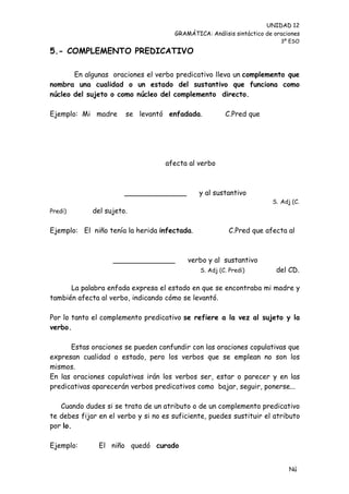 UNIDAD 12
                                      GRAMÁTICA: Análisis sintáctico de oraciones
                                                                          3º ESO

5.- COMPLEMENTO PREDICATIVO

       En algunas oraciones el verbo predicativo lleva un complemento que
nombra una cualidad o un estado del sustantivo que funciona como
núcleo del sujeto o como núcleo del complemento directo.

Ejemplo: Mi madre      se levantó enfadada.            C.Pred que




                                    afecta al verbo



                       ______________         y al sustantivo
                                                                       S. Adj (C.
Predi)       del sujeto.

Ejemplo: El niño tenía la herida infectada.             C.Pred que afecta al



                   ______________          verbo y al sustantivo
                                              S. Adj (C. Predi)         del CD.

      La palabra enfada expresa el estado en que se encontraba mi madre y
también afecta al verbo, indicando cómo se levantó.

Por lo tanto el complemento predicativo se refiere a la vez al sujeto y la
verbo.

      Estas oraciones se pueden confundir con las oraciones copulativas que
expresan cualidad o estado, pero los verbos que se emplean no son los
mismos.
En las oraciones copulativas irán los verbos ser, estar o parecer y en las
predicativas aparecerán verbos predicativos como bajar, seguir, ponerse...

   Cuando dudes si se trata de un atributo o de un complemento predicativo
te debes fijar en el verbo y si no es suficiente, puedes sustituir el atributo
por lo.

Ejemplo:       El niño quedó curado


                                                                             Nú
                                                                             me
 