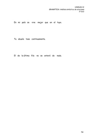 UNIDAD 12
                                  GRAMÁTICA: Análisis sintáctico de oraciones
                                                                      3º ESO




En mi país se    vive   mejor que en el tuyo.




Tu abuelo tose continuamente.




El de la última fila    no se enteró de    nada.




                                                                         Nú
                                                                         me
 