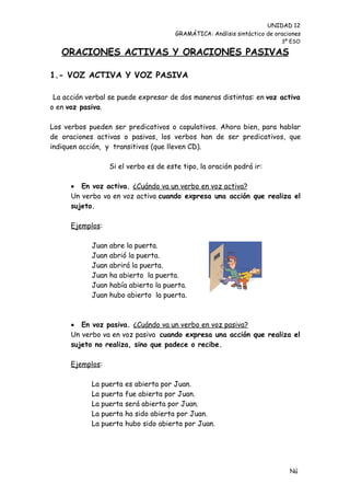 UNIDAD 12
                                       GRAMÁTICA: Análisis sintáctico de oraciones
                                                                           3º ESO

   ORACIONES ACTIVAS Y ORACIONES PASIVAS

1.- VOZ ACTIVA Y VOZ PASIVA

 La acción verbal se puede expresar de dos maneras distintas: en voz activa
o en voz pasiva.

Los verbos pueden ser predicativos o copulativos. Ahora bien, para hablar
de oraciones activas o pasivas, los verbos han de ser predicativos, que
indiquen acción, y transitivos (que lleven CD).

                  Si el verbo es de este tipo, la oración podrá ir:

       En voz activa. ¿Cuándo va un verbo en voz activa?
      Un verbo va en voz activa cuando expresa una acción que realiza el
      sujeto.

      Ejemplos:

            Juan abre la puerta.
            Juan abrió la puerta.
            Juan abrirá la puerta.
            Juan ha abierto la puerta.
            Juan había abierto la puerta.
            Juan hubo abierto la puerta.



       En voz pasiva. ¿Cuándo va un verbo en voz pasiva?
      Un verbo va en voz pasiva cuando expresa una acción que realiza el
      sujeto no realiza, sino que padece o recibe.

      Ejemplos:

            La puerta   es abierta por Juan.
            La puerta   fue abierta por Juan.
            La puerta   será abierta por Juan.
            La puerta   ha sido abierta por Juan.
            La puerta   hubo sido abierta por Juan.




                                                                              Nú
                                                                              me
 