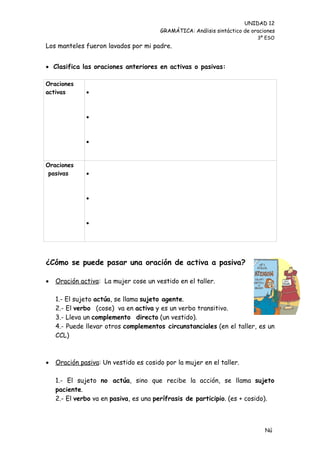 UNIDAD 12
                                       GRAMÁTICA: Análisis sintáctico de oraciones
                                                                           3º ESO
Los manteles fueron lavados por mi padre.


 Clasifica las oraciones anteriores en activas o pasivas:

Oraciones
activas       



              



              


Oraciones
 pasivas      



              



              




¿Cómo se puede pasar una oración de activa a pasiva?

   Oración activa: La mujer cose un vestido en el taller.

    1.- El sujeto actúa, se llama sujeto agente.
    2.- El verbo (cose) va en activa y es un verbo transitivo.
    3.- Lleva un complemento directo (un vestido).
    4.- Puede llevar otros complementos circunstanciales (en el taller, es un
    CCL)



   Oración pasiva: Un vestido es cosido por la mujer en el taller.

    1.- El sujeto no actúa, sino que recibe la acción, se llama sujeto
    paciente.
    2.- El verbo va en pasiva, es una perífrasis de participio. (es + cosido).



                                                                              Nú
                                                                              me
 