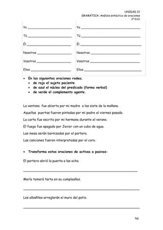 UNIDAD 12
                                         GRAMÁTICA: Análisis sintáctico de oraciones
                                                                             3º ESO


Yo _______________________          Yo _______________________________

Tú _______________________          Tú _______________________________

Él _______________________          Él ________________________________

Nosotros __________________         Nosotros __________________________

Vosotros __________________         Vosotros __________________________

Ellos _____________________         Ellos ______________________________

   En   las siguientes oraciones rodea;
        de rojo el sujeto paciente
        de azul el núcleo del predicado (forma verbal)
        de verde el complemento agente.



La ventana fue abierta por mi madre a las siete de la mañana.

Aquellas puertas fueron pintadas por mi padre el viernes pasado.

La carta fue escrita por mi hermana durante el verano.

El fuego fue apagado por Javier con un cubo de agua.

Las mesa serán barnizadas por el partero.

Las canciones fueron interpretadas por el coro.


   Transforma estas oraciones de activas a pasivas:

El portero abrió la puerta a las ocho.

_______________________________________________________

María tomará tarta en su cumpleaños.

________________________________________________________

Los albañiles arreglarán el muro del patio.

________________________________________________________


                                                                                Nú
                                                                                me
 
