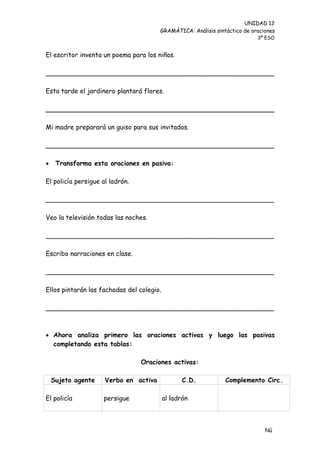 UNIDAD 12
                                       GRAMÁTICA: Análisis sintáctico de oraciones
                                                                           3º ESO


El escritor inventa un poema para los niños.

________________________________________________________

Esta tarde el jardinero plantará flores.

________________________________________________________

Mi madre preparará un guiso para sus invitados.

________________________________________________________

    Transforma esta oraciones en pasiva:

El policía persigue al ladrón.

________________________________________________________

Veo la televisión todas las noches.

________________________________________________________

Escribo narraciones en clase.

________________________________________________________

Ellos pintarán las fachadas del colegio.

________________________________________________________



 Ahora analiza primero las oraciones activas y luego las pasivas
  completando esta tablas:

                                 Oraciones activas:

    Sujeto agente    Verbo en activa              C.D.         Complemento Circ.

El policía          persigue               al ladrón



                                                                              Nú
                                                                              me
 