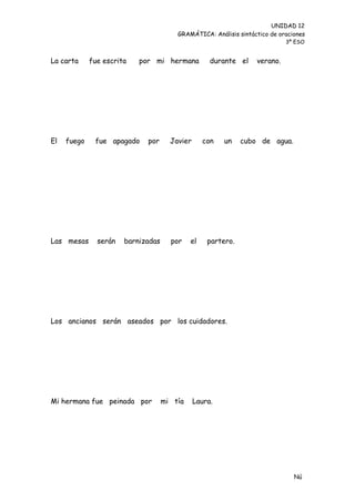 UNIDAD 12
                                        GRAMÁTICA: Análisis sintáctico de oraciones
                                                                            3º ESO


La carta     fue escrita   por mi hermana           durante el    verano.




El   fuego    fue apagado    por      Javier      con   un    cubo de agua.




Las mesas      serán   barnizadas     por    el    partero.




Los ancianos serán aseados por los cuidadores.




Mi hermana fue peinada por          mi tía     Laura.




                                                                               Nú
                                                                               me
 