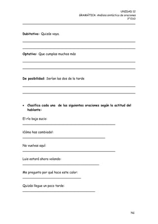 UNIDAD 12
                                      GRAMÁTICA: Análisis sintáctico de oraciones
                                                                          3º ESO
________________________________________________________


Dubitativa: Quizás vaya.

________________________________________________________

________________________________________________________

Optativa: Que cumplas muchos más

________________________________________________________

________________________________________________________


De posibilidad: Serían las dos de la tarde

________________________________________________________

________________________________________________________



   Clasifica cada una de las siguientes oraciones según la actitud del
    hablante:

El río baja sucio:
______________________________________________

¡Cómo has cambiado!:
_________________________________________

No vuelvas aquí:
______________________________________________

Luis estará ahora volando:
______________________________________

Me pregunto por qué hace este calor:
_____________________________

Quizás llegue un poco tarde:
____________________________________




                                                                             Nú
                                                                             me
 