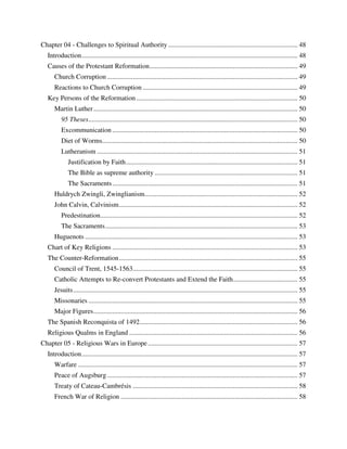 Chapter 04 - Challenges to Spiritual Authority ............................................................................ 48
   Introduction ............................................................................................................................... 48
   Causes of the Protestant Reformation ....................................................................................... 49
      Church Corruption ................................................................................................................ 49
      Reactions to Church Corruption ........................................................................................... 49
   Key Persons of the Reformation ............................................................................................... 50
      Martin Luther ........................................................................................................................ 50
          95 Theses ........................................................................................................................... 50
          Excommunication ............................................................................................................. 50
          Diet of Worms................................................................................................................... 50
          Lutheranism ...................................................................................................................... 51
              Justification by Faith ..................................................................................................... 51
              The Bible as supreme authority .................................................................................... 51
              The Sacraments ............................................................................................................. 51
      Huldrych Zwingli, Zwinglianism.......................................................................................... 52
      John Calvin, Calvinism ......................................................................................................... 52
          Predestination .................................................................................................................... 52
          The Sacraments ................................................................................................................. 53
      Huguenots ............................................................................................................................. 53
   Chart of Key Religions ............................................................................................................. 53
   The Counter-Reformation ......................................................................................................... 55
      Council of Trent, 1545-1563................................................................................................. 55
      Catholic Attempts to Re-convert Protestants and Extend the Faith ...................................... 55
      Jesuits .................................................................................................................................... 55
      Missonaries ........................................................................................................................... 55
      Major Figures ........................................................................................................................ 56
   The Spanish Reconquista of 1492............................................................................................. 56
   Religious Qualms in England ................................................................................................... 56
Chapter 05 - Religious Wars in Europe ........................................................................................ 57
   Introduction ............................................................................................................................... 57
      Warfare ................................................................................................................................. 57
      Peace of Augsburg ................................................................................................................ 57
      Treaty of Cateau-Cambrésis ................................................................................................. 58
      French War of Religion ........................................................................................................ 58
 