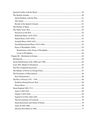 Spanish Conflict with the Dutch ............................................................................................... 59
   The Spanish Armada ................................................................................................................. 60
      Initial Problems with the Plan ............................................................................................... 61
      The Attack ............................................................................................................................. 61
      Results of the Spanish Armada ............................................................................................. 61
   The Decline of Spain ................................................................................................................ 62
   The Thirty Years' War .............................................................................................................. 62
      Precursors to the War ............................................................................................................ 62
      Bohemian Phase (1618-1625) ............................................................................................... 63
      Danish Phase (1625-1630) .................................................................................................... 63
      Swedish Phase (1630-1635).................................................................................................. 63
      French/International Phase (1635-1648)............................................................................... 63
      Peace of Westphalia (1648) .................................................................................................. 63
          Beneficiaries of the Treaty of Westphalia ........................................................................ 64
          Losers at Westphalia ......................................................................................................... 64
Chapter 06 - Absolutism in Europe .............................................................................................. 65
   Introduction ............................................................................................................................... 65
   Social Stratification of the 1600s and 1700s............................................................................. 65
   Louis XIV, Model of Absolutism ............................................................................................. 65
   The War of Spanish Succession ................................................................................................ 67
   The Balance of Power in Foreign Policy .................................................................................. 67
   The Economics of Mercantilism ............................................................................................... 68
      Key Characteristics ............................................................................................................... 68
   The Rise of Prussia 1701 - 1740 ............................................................................................... 68
      Problems During Prussia's Rise ............................................................................................ 68
      Prussia Rises ......................................................................................................................... 68
   Stuart England 1603-1714 ........................................................................................................ 69
      James I 1603-1625 ................................................................................................................ 69
      Charles I 1625-1649 .............................................................................................................. 69
      English Civil War 1642-1649 ............................................................................................... 69
      The Governments of Cromwell ............................................................................................ 70
      Stuart Restoration and Charles II Stuart ............................................................................... 70
      James II 1685-1688 ............................................................................................................... 70
      Glorious Revolution of 1688 ................................................................................................ 71
 