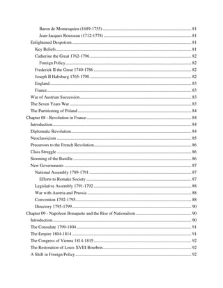 Baron de Montesquieu (1689-1755) ................................................................................. 81
          Jean-Jacques Rousseau (1712-1778) ................................................................................ 81
   Enlightened Despotism ............................................................................................................. 81
      Key Beliefs............................................................................................................................ 81
      Catherine the Great 1762-1796 ............................................................................................. 82
          Foreign Policy ................................................................................................................... 82
      Frederick II the Great 1740-1786 ......................................................................................... 82
      Joseph II Habsburg 1765-1790 ............................................................................................. 82
      England ................................................................................................................................. 83
      France .................................................................................................................................... 83
   War of Austrian Succession ...................................................................................................... 83
   The Seven Years War ............................................................................................................... 83
   The Partitioning of Poland ........................................................................................................ 84
Chapter 08 - Revolution in France ................................................................................................ 84
   Introduction ............................................................................................................................... 84
   Diplomatic Revolution .............................................................................................................. 84
   Neoclassicism ........................................................................................................................... 85
   Precursors to the French Revolution ......................................................................................... 86
   Class Struggle ........................................................................................................................... 86
   Storming of the Bastille ............................................................................................................ 86
   New Governments .................................................................................................................... 87
      National Assembly 1789-1791 ............................................................................................. 87
          Efforts to Remake Society ................................................................................................ 87
      Legislative Assembly 1791-1792 ......................................................................................... 88
      War with Austria and Prussia ............................................................................................... 88
      Convention 1792-1795.......................................................................................................... 88
      Directory 1795-1799 ............................................................................................................. 90
Chapter 09 - Napoleon Bonaparte and the Rise of Nationalism ................................................... 90
   Introduction ............................................................................................................................... 90
   The Consulate 1799-1804 ......................................................................................................... 91
   The Empire 1804-1814 ............................................................................................................. 91
   The Congress of Vienna 1814-1815 ......................................................................................... 92
   The Restoration of Louis XVIII Bourbon ................................................................................. 92
   A Shift in Foreign Policy .......................................................................................................... 92
 
