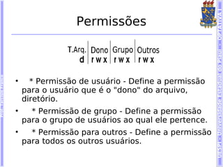 UESPI – Universidade Estadual do Piauí - OPTATIVA I
                                         Permissões
Prof. Tarcísio Franco




                        
                              * Permissão de usuário - Define a permissão
                            para o usuário que é o "dono" do arquivo,
                            diretório.
                        
                              * Permissão de grupo - Define a permissão
                            para o grupo de usuários ao qual ele pertence.
                        
                              * Permissão para outros - Define a permissão
                            para todos os outros usuários.
 