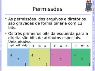 UESPI – Universidade Estadual do Piauí - OPTATIVA I
                                        Permissões
                        
                            As permissões dos arquivos e diretórios
                            são gravadas de forma binária com 12
                            bits.
                            Os três primeiros bits da esquerda para a
Prof. Tarcísio Franco




                        


                            direita são bits de atributos especiais.
                            Veja abaixo.
 