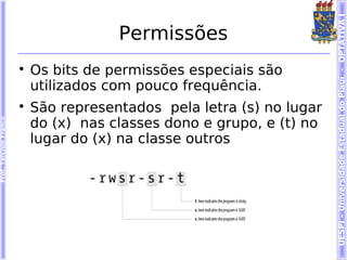 UESPI – Universidade Estadual do Piauí - OPTATIVA I
                                        Permissões
                        
                            Os bits de permissões especiais são
                            utilizados com pouco frequência.
                        
                            São representados pela letra (s) no lugar
                            do (x) nas classes dono e grupo, e (t) no
Prof. Tarcísio Franco




                            lugar do (x) na classe outros
 