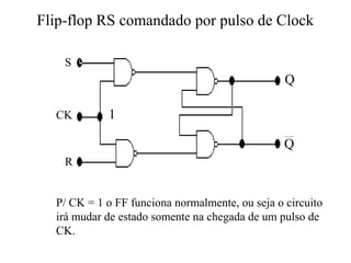 Flip-flop RS comandado por pulso de Clock
CK
S
R
Q
Q
1
P/ CK = 1 o FF funciona normalmente, ou seja o circuito
irá mudar de estado somente na chegada de um pulso de
CK.
 