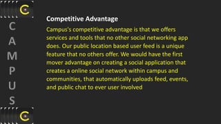 Competitive Advantage
Campus's competitive advantage is that we offers
services and tools that no other social networking app
does. Our public location based user feed is a unique
feature that no others offer. We would have the first
mover advantage on creating a social application that
creates a online social network within campus and
communities, that automatically uploads feed, events,
and public chat to ever user involved
 