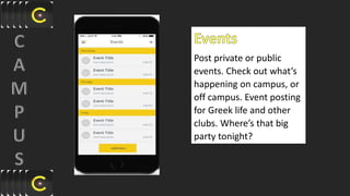Post private or public
events. Check out what’s
happening on campus, or
off campus. Event posting
for Greek life and other
clubs. Where’s that big
party tonight?
 