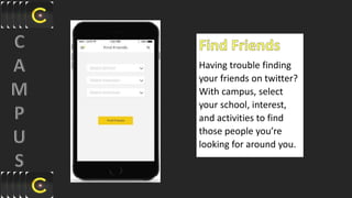 Having trouble finding
your friends on twitter?
With campus, select
your school, interest,
and activities to find
those people you’re
looking for around you.
 