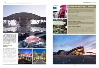 8 9
Makan Investment and Real Estate Development W.L.L.
In 2014 the Aspetar Centre in Doha
signed an agreement with the Ivorian
FA to provide medical assistance to the
national team before and during the FIFA
2014 World Cup in Brazil. Yaya Toure and
Didier Drogba are amongst the players to
have used the facilities. Qatar has made
developing a world class public health
system one of its key goals through its
National Vision 2030.
INFRASTRUCTURE
PROJECTS
The key driver of the inclusive growth of
the State of Qatar is its rapid Infrastructure
development. It is a critical enabler
for economic growth and contributes
signiﬁcantly to human development,
and the attainment of the Millennium
Development Goals (MDG).
The winning of the World cup hosting
bid for 2022 is a strategic event that would
further boost the Qatar’s infrastructure in
the coming years. Measuring infrastructure
performanceisthusachallengefordecision
making process to improve the availability
and capacity of existing infrastructure and
extend it in other directions as well.
Hamad International Airport formerly known as New Doha International
Airport (NDIA) is an international airport in Doha, capital of Qatar. It has been
built 5 kilometers east of the current airport. The new airport is spread over
an area of 8,640 acres (3,500 ha).
NEW PORT PROJECT
As a major gateway to Qatar, and a signiﬁcant investment in the country’s
future, the New Port will serve the expanding trade needs of Qatar,
supporting key objectives set forward in the Qatar National Vision 2030 and
acting as a catalyst for export industry development.
QATAR RAILWAY PROJECT
Qatar Rail is currently one of the biggest rail projects in the world. It will not
only bring a Metro to the Doha area of Qatar but it will also introduce long
distance travel to the country.
LUSAIL ICONIC STADIUM
The stadium will be used for the opening and ﬁnal games of the 2022 FIFA
World Cup. Like the other stadiums planned for the 2022 World Cup, the
Lusail Stadium will be cooled using solar power and have a zero carbon
footprint. The stadium was designed by British ﬁrm, Foster + Partners. It will
have an almost circular base, be surrounded by a moat and be connected to
the car park by six bridges.
HAMAD INTERNATIONAL AIRPORT
AN OVERVIEW OF QATAR
PHOTO CREDIT: HTTP://WWW.SKYSCRAPERCITY.COM/SHOWTHREAD.PHP?T=1230235&PAGE=2
PHOTO CREDIT: WWW.GOPIXPIC.COM
PHTO CREDIT: HTTP://DOHANEWS.CO/FLYING-DOHAS-NEW-
AIRPORT-SUMMER-RUSH-NEED-KNOW/
PHOTO CREDIT: HTTPS://EMERGENCYTRAUMA.WORDPRESS.
COM/PAGE/11/ PHTO CREDIT: HTTP://WWW.TRAVELANDTOURWORLD.COM/NEWS/ARTICLE/TAG/HAMAD-INTERNATIONAL-AIRPORT/
PHOTO CREDIT: HTTPS://ARABIANMUSINGS.FILES.WORDPRESS.
COM/2013/12/DSCF5998.JPG
PHOTO CREDIT: HTTPS://EMERGENCYTRAUMA.WORDPRESS.COM/PAGE/11/
 