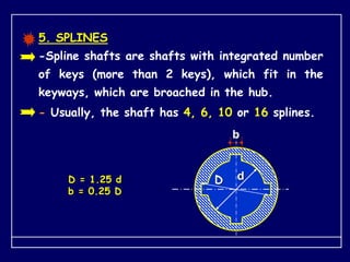 5. SPLINES
-Spline shafts are shafts with integrated number
of keys (more than 2 keys), which fit in the
keyways, which are broached in the hub.
D = 1.25 d
b = 0.25 D
d
D
b
- Usually, the shaft has 4, 6, 10 or 16 splines.
 