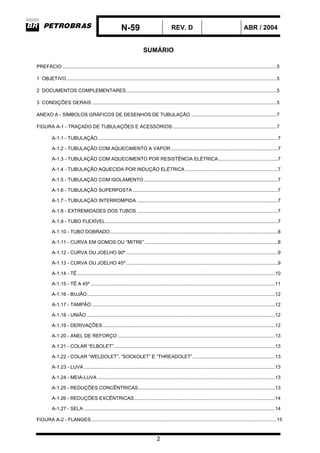 N-59 REV. D ABR / 2004
2
SUMÁRIO
PREFÁCIO ..............................................................................................................................................................5
1 OBJETIVO...........................................................................................................................................................5
2 DOCUMENTOS COMPLEMENTARES...............................................................................................................5
3 CONDIÇÕES GERAIS ........................................................................................................................................5
ANEXO A - SÍMBOLOS GRÁFICOS DE DESENHOS DE TUBULAÇÃO ...............................................................7
FIGURA A-1 - TRAÇADO DE TUBULAÇÕES E ACESSÓRIOS.............................................................................7
A-1.1 - TUBULAÇÃO.....................................................................................................................................7
A-1.2 - TUBULAÇÃO COM AQUECIMENTO A VAPOR...............................................................................7
A-1.3 - TUBULAÇÃO COM AQUECIMENTO POR RESISTÊNCIA ELÉTRICA............................................7
A-1.4 - TUBULAÇÃO AQUECIDA POR INDUÇÃO ELÉTRICA ....................................................................7
A-1.5 - TUBULAÇÃO COM ISOLAMENTO...................................................................................................7
A-1.6 - TUBULAÇÃO SUPERPOSTA ...........................................................................................................7
A-1.7 - TUBULAÇÃO INTERROMPIDA ........................................................................................................7
A-1.8 - EXTREMIDADES DOS TUBOS ........................................................................................................7
A-1.9 - TUBO FLEXÍVEL...............................................................................................................................7
A-1.10 - TUBO DOBRADO............................................................................................................................8
A-1.11 - CURVA EM GOMOS OU “MITRE” ..................................................................................................8
A-1.12 - CURVA OU JOELHO 90º ................................................................................................................9
A-1.13 - CURVA OU JOELHO 45º ................................................................................................................9
A-1.14 - TÊ..................................................................................................................................................10
A-1.15 - TÊ A 45º ........................................................................................................................................11
A-1.16 - BUJÃO...........................................................................................................................................12
A-1.17 - TAMPÃO .......................................................................................................................................12
A-1.18 - UNIÃO ...........................................................................................................................................12
A-1.19 - DERIVAÇÕES ...............................................................................................................................12
A-1.20 - ANEL DE REFORÇO ....................................................................................................................13
A-1.21 - COLAR “ELBOLET”.......................................................................................................................13
A-1.22 - COLAR “WELDOLET”, “SOCKOLET” E “THREADOLET”.............................................................13
A-1.23 - LUVA .............................................................................................................................................13
A-1.24 - MEIA-LUVA ...................................................................................................................................13
A-1.25 - REDUÇÕES CONCÊNTRICAS.....................................................................................................13
A-1.26 - REDUÇÕES EXCÊNTRICAS........................................................................................................14
A-1.27 - SELA .............................................................................................................................................14
FIGURA A-2 - FLANGES.........................................................................................................................................15
 